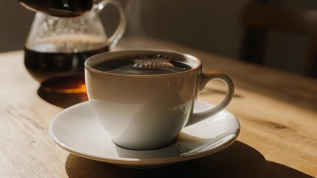 Versement d&rsquo;un caf&eacute; chaud dans une tasse blanche