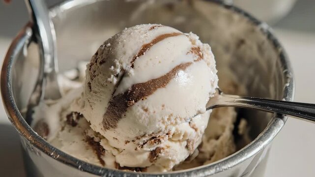 Gros plan d&rsquo;une boule de glace &agrave; la vanille et au chocolat