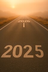 A Serene Road Leading into the Future: A Captivating Path Marked with the Years 2025 and 2026 Under a Soft Orange Sunrise
