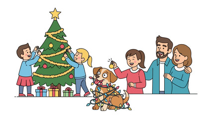 Festive Family Moments: A family decorates Christmas tree with lights and ornaments, a delightful scene of unity, joy, and the spirit of Christmas, embodying togetherness and love
