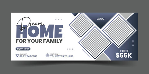 Modern dream home for sale real estate facebook cover design, House for rent social media banner template