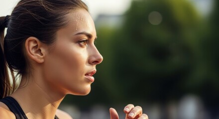 Close-up profile of a determined young woman, a sportswoman, concentrating intently during her outdoor fitness workout.