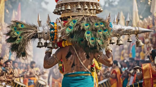 Elaborate Kavadi Bearer During Thaipusam Festival Carrying Decorations and Spikes in a Vibrant and Cultural Celebration
