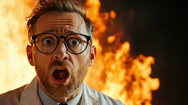 Shocked scientist in lab coat with fire background. Fear, surprise concept.