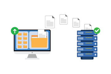file transfer concept, backup data, file transfer from pc to cloud server. document save on storage, technology cloud vector illustration