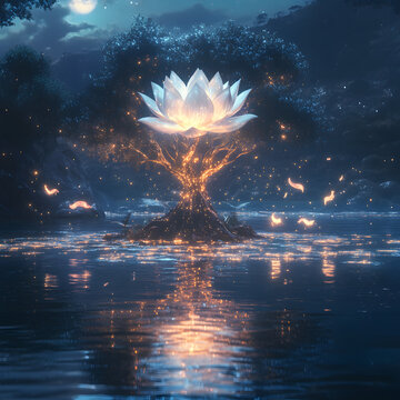A radiant water lily blooms on a moonlit lake, from which a glowing crystal-like tree emerges. Ethereal foxes made of light circle the flower, casting reflections across the surface.