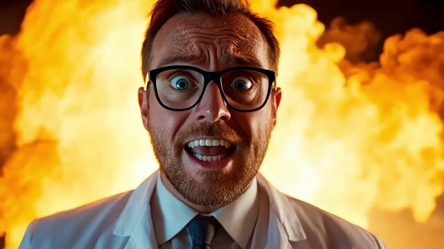 Shocked scientist with explosion behind him. Disaster in the lab concept.