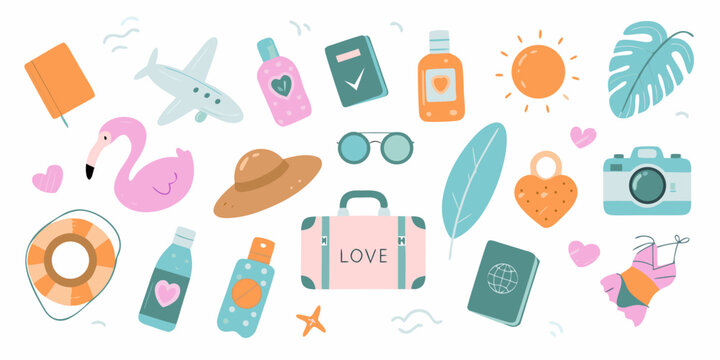 Collection of cute travel and vacation icons including a flamingo airplane suitcase and beach essentials