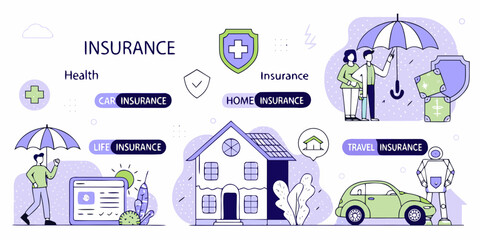 Fototapeta premium Comprehensive insurance services explained with icons for health life car home and travel protection