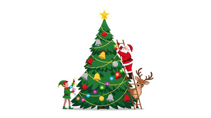 Christmas Decorations: A festive scene unfolds as Santa Claus, and an elf join forces to decorate a majestic Christmas tree, with a reindeer providing holiday cheer.