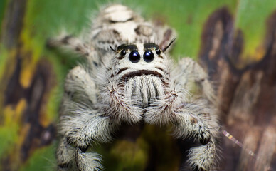 Obraz premium Extreme Macro Portrait of Fluffy Jumping Spider on Green Leaf