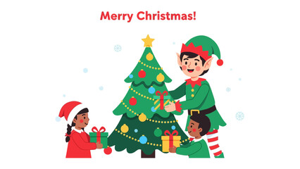Christmas Cheer: An elf family decorates a Christmas tree with presents, creating a festive atmosphere of joy and giving.