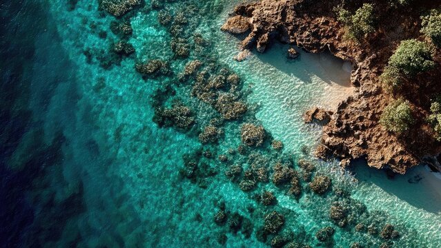 Aerial view of clear turquoise water with coral reefs and a sandy beach along a rocky coastline. Concept Aerial Ocean View, Turquoise Water, Coral Reefs, Sandy Beach, Rocky Coastline