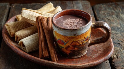 Handcrafted Cup of Champurrado with Tamales on a Wooden Board: A Taste of Mexico's Rich Chocolate Tradition