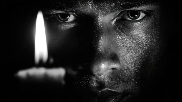 Close-up black-and-white of a person's face in darkness, lit by a single candle flame. Concept Close-up Portrait, Black-and-White, Candlelight, Low-Key Lighting, Dramatic Shadows