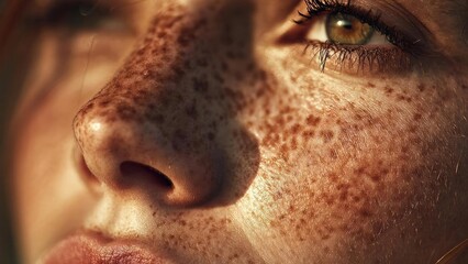 Close-up of a freckled face in warm light, focusing on the nose and eye. Concept Freckled close-up portrait, warm light, nose and eye focus, natural skin texture, macro beauty shot