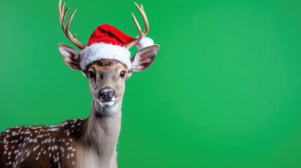 Cute spotted deer wearing a christmas santa hat on a green screen chroma key background. Christmas animal with antlers. Holiday and New Year concept for greeting card on isolated chromakey backdrop.