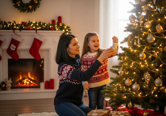 Happy mother and daughter decorating a Christmas tree with ornaments in a festive living room. Cozy fireplace with stockings and holiday lights in the background. Family tradition.