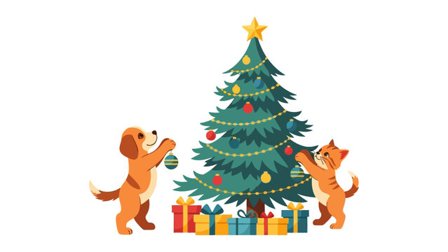 Festive Friends: A charming illustration shows a dog and a cat joyfully decorating a Christmas tree together, filled with holiday spirit.