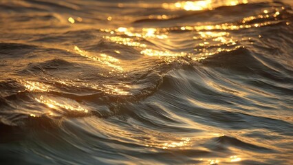 Golden sunset light glinting on rolling ocean waves. Concept Sunset Photography, Ocean Waves, Golden Hour Glow, Beach Seascape, Coastal Light
