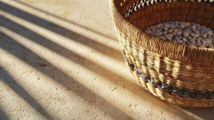 A woven wicker basket filled with small pebbles on a sandy surface. Concept Woven wicker basket, Small pebbles, Sandy surface, Rustic textures, Beachy still life