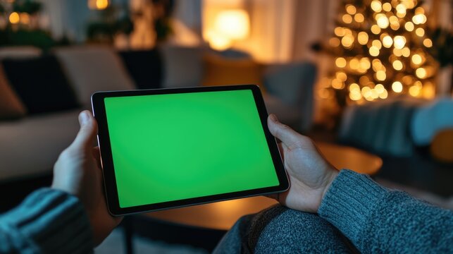 Person holding a tablet with a green screen in a cozy home living room decorated for Christmas. Digital device for entertainment. Pad with chroma key display. Bokeh light. Winter shopping.