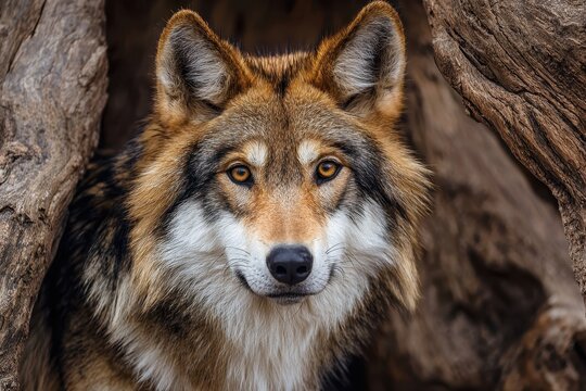 Intricate Closeup of a Mexican Wolf Head Framed by Sensational Trees in a Natural Setting
