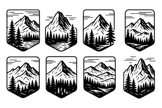 Vintage mountain badge collection featuring pine trees and scenic landscapes