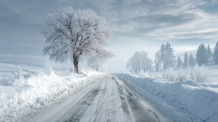 Fototapeta premium Journey Through the Winterstorm: A Chilling Road Amidst Snowy Trees and the Expansive White Landscape