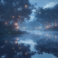Fototapeta premium A moonlit forest lake with still water acting as a portal—its reflection reveals an upside-down realm with glowing trees and floating bioluminescent flowers. Mist separates the two worlds.