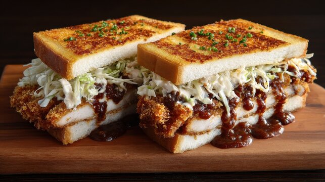Katsu Sando - Trendy Japanese Delight of Breaded Pork Chop Sandwich with Cabbage and Tonkatsu Sauce
