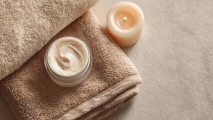 A jar of moisturizer resting on a folded beige towel with a small lit candle beside it. Concept Skincare routine, Cozy spa vibe, Neutral color palette, Candlelit ambiance, Minimalist vanity setup