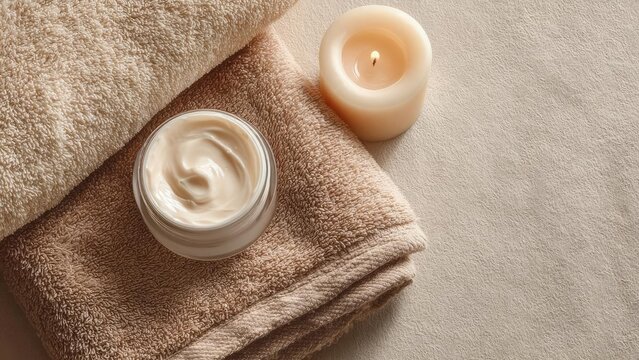 A jar of moisturizer resting on a folded beige towel with a small lit candle beside it. Concept Skincare routine, Cozy spa vibe, Neutral color palette, Candlelit ambiance, Minimalist vanity setup - Powered by Adobe