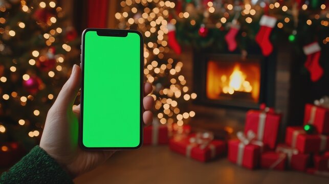 Man hand holding smartphone with green screen. Technology display for Christmas seasonal festive advertising. Mockup device during holiday. Empty blank cell mobile phone backdrop. Cellphone close up.