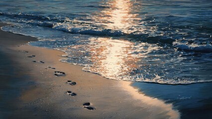 Footprints in wet sand along a tranquil beach at sunset, as golden light glints off the gentle waves. Concept Sunset Beach Photography, Wet Sand Footprints, Golden Hour Seascape