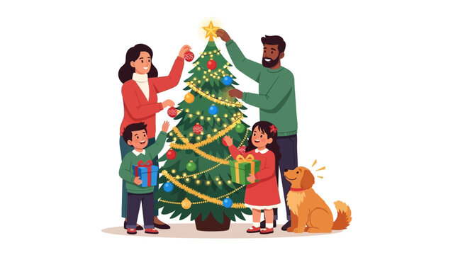 Festive Family Christmas: A heartwarming scene unfolds as a family gathers around a Christmas tree, decorating it with ornaments and lights, the joy of the holiday season palpable in the air.