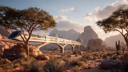 A futuristic high-speed train on arched bridges crosses a desert valley at sunset, with cacti and rocky mesas. Concept Futuristic high-speed train, Arched bridge railway design