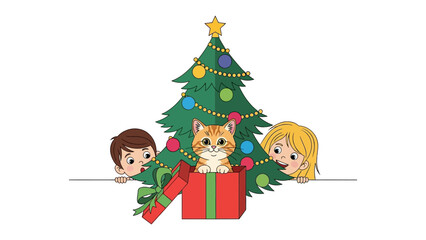 Christmas Cat Surprise: A vibrant Christmas scene with a decorated tree, gifts, and a charming ginger cat, creating a festive holiday feeling, watched by two curious children.