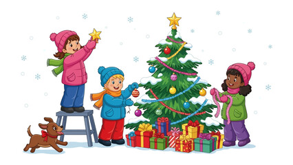 Joyful Christmas: A heartwarming scene unfolds as children decorate a Christmas tree, creating a festive atmosphere filled with joy and anticipation. A loyal canine friend watches with a smile.