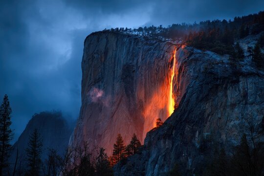 Majestic Firefall in Yosemite: A Stunning California Sunset Over Mountains and Clouds