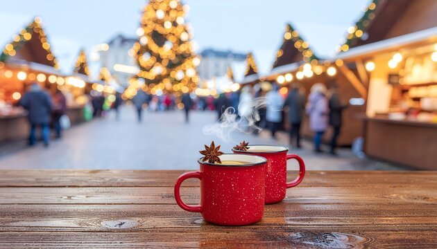 A cozy red mug of hot chocolate sits on a wooden table, with a blurred Christmas market scene in the background, a glowing Christmas tree, and festive decorations creating a warm, - Powered by Adobe