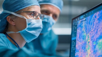 Surgeons in scrubs and masks are engaged in a critical moment as they study brain imaging on a large screen, focusing intently on the complex data
