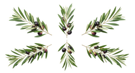 Set of Olive Branches with Black Olives Isolated on White Background.