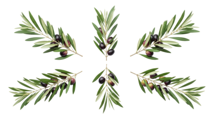 Set of Olive Branches with Black Olives Isolated on White Background.