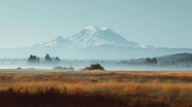 Misty Morning at Mount Ranier: Enchanting Fog Drapes the Field Beneath a Serene Sky