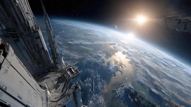 Earth viewed from space with a space station hull on the left and the sun rising over the planet. Concept Earth from space, Space station hull on the left, Sunrise over Earth, Orbital perspective