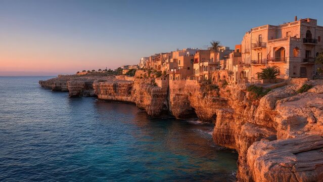 A cliffside seaside town with beige stone houses built on rugged cliffs overlooking the sea at sunset. Concept Clifftop Seaside Town with Beige Stone Houses, Rugged Cliffs Overlooking the Sea