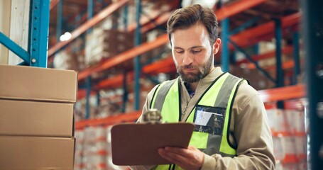 Supply chain, clipboard or man with inspection, inventory and distribution with delivery quality control. Person, documents or employee in factory, checklist or export report with shipping manager © Lawrenson25/peopleimages.com