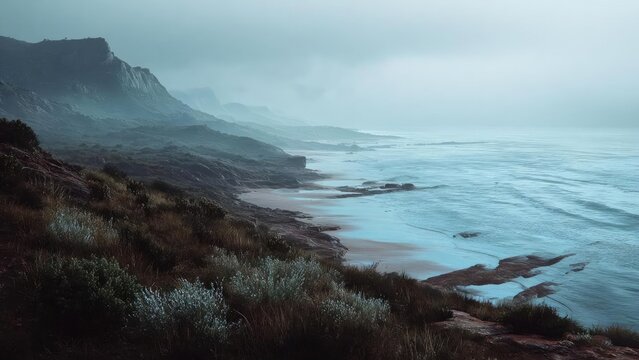 Misty coastal scene with rugged cliffs, a calm blue sea, and scrubby vegetation along a rocky shoreline. Concept Misty coastal scene, Rugged cliffs, Calm blue sea, Scrubby vegetation, Rocky shoreline