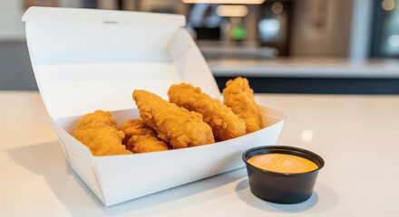 Freshly Fried Chicken Tenders in a White Takeout Box with a Side of Orange Dipping Sauce on a Clean Countertop